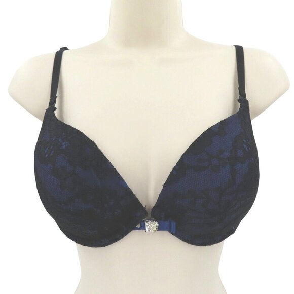 Victorias Secret 36C Sexy Little Things Black Lace Blue Underwire Push Up Bra - Picture 1 of 13